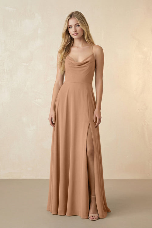 Spaghetti Straps Chiffon A-Line Bridesmaid Dress in Bronzer - KISS BRIDAL BRIDESMAID DRESSES