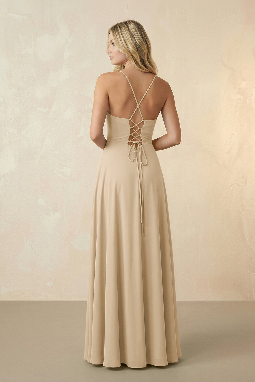 Spaghetti Straps Chiffon A-Line Bridesmaid Dress in Champagne