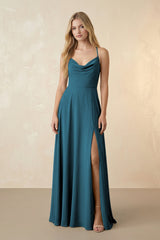 Spaghetti Straps Chiffon A-Line Bridesmaid Dress in Dark Teal - KISS BRIDAL BRIDESMAID DRESSES