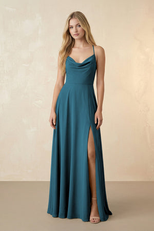 Spaghetti Straps Chiffon A-Line Bridesmaid Dress in Dark Teal - KISS BRIDAL BRIDESMAID DRESSES