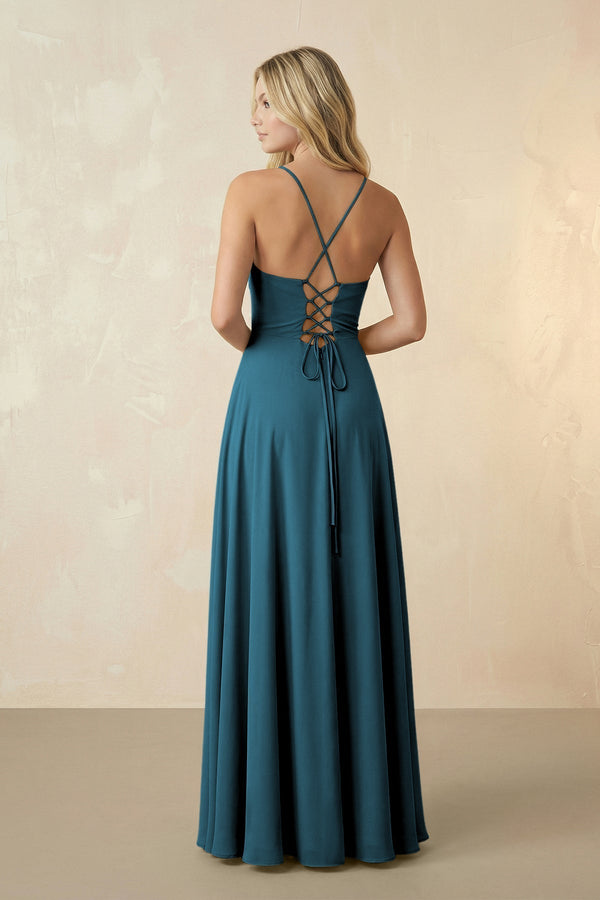 Spaghetti Straps Chiffon A-Line Bridesmaid Dress in Dark Teal - KISS BRIDAL BRIDESMAID DRESSES