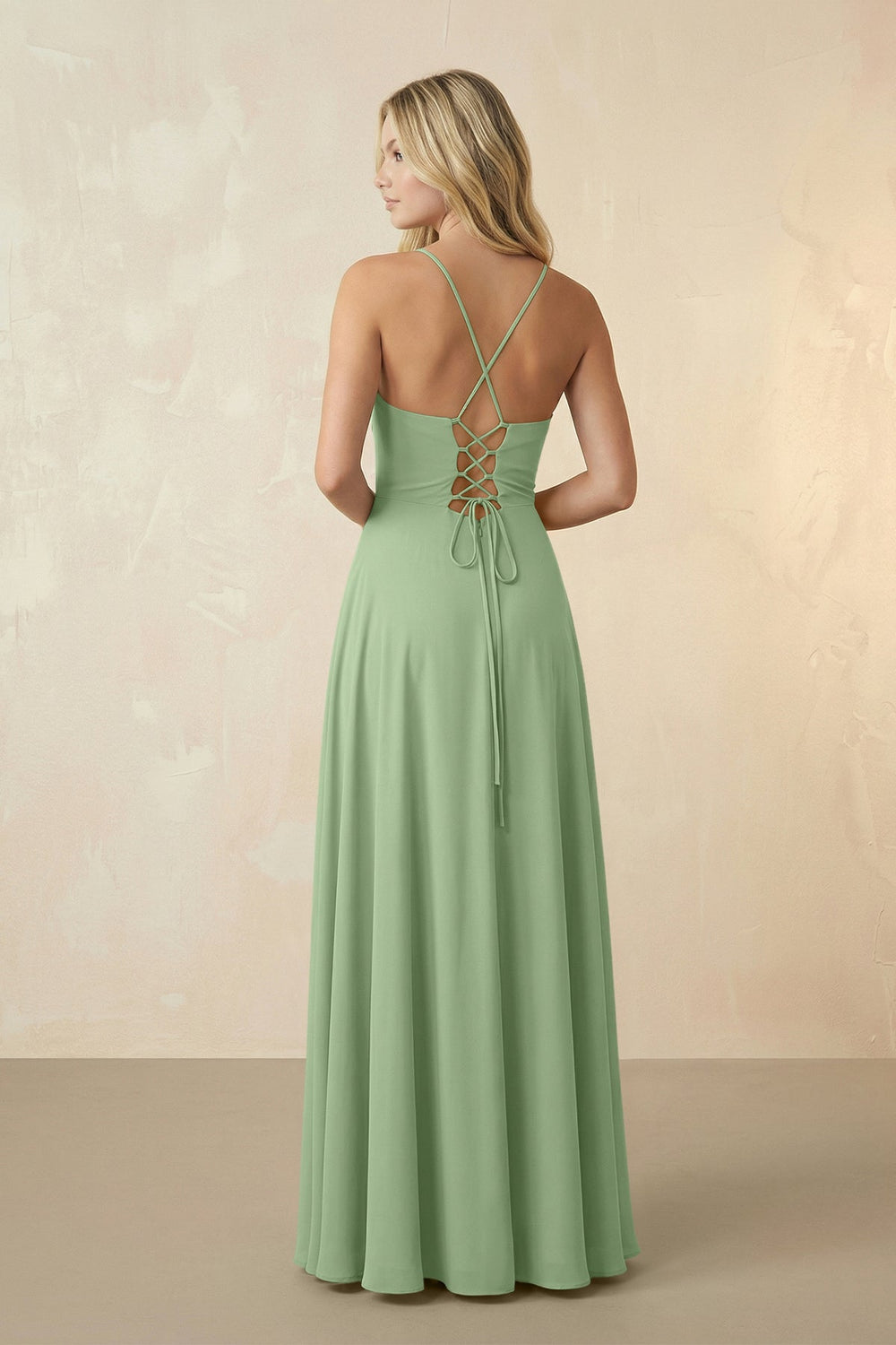 Spaghetti Straps Chiffon A-Line Bridesmaid Dress in Matcha