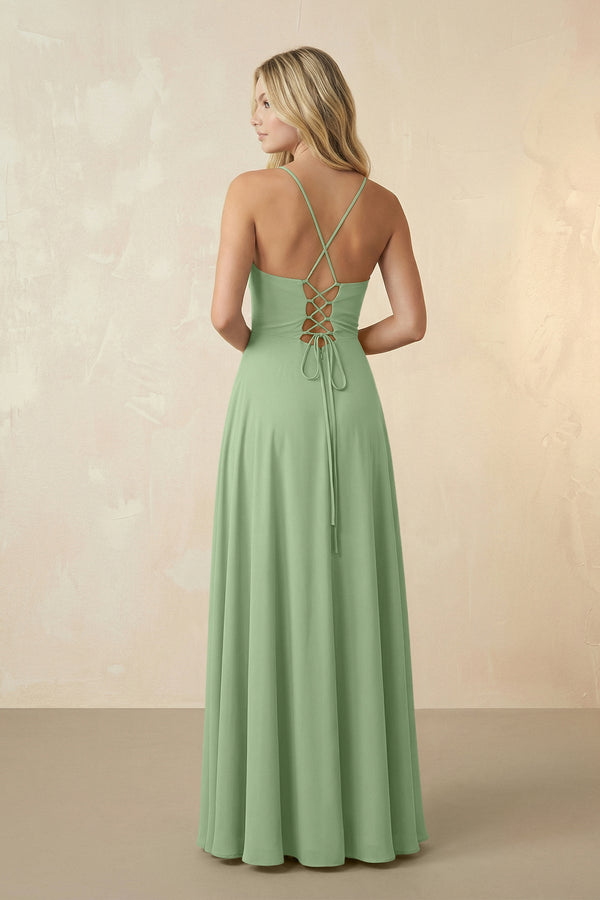 Spaghetti Straps Chiffon A-Line Bridesmaid Dress in Matcha (2) | KISSBRIDAL