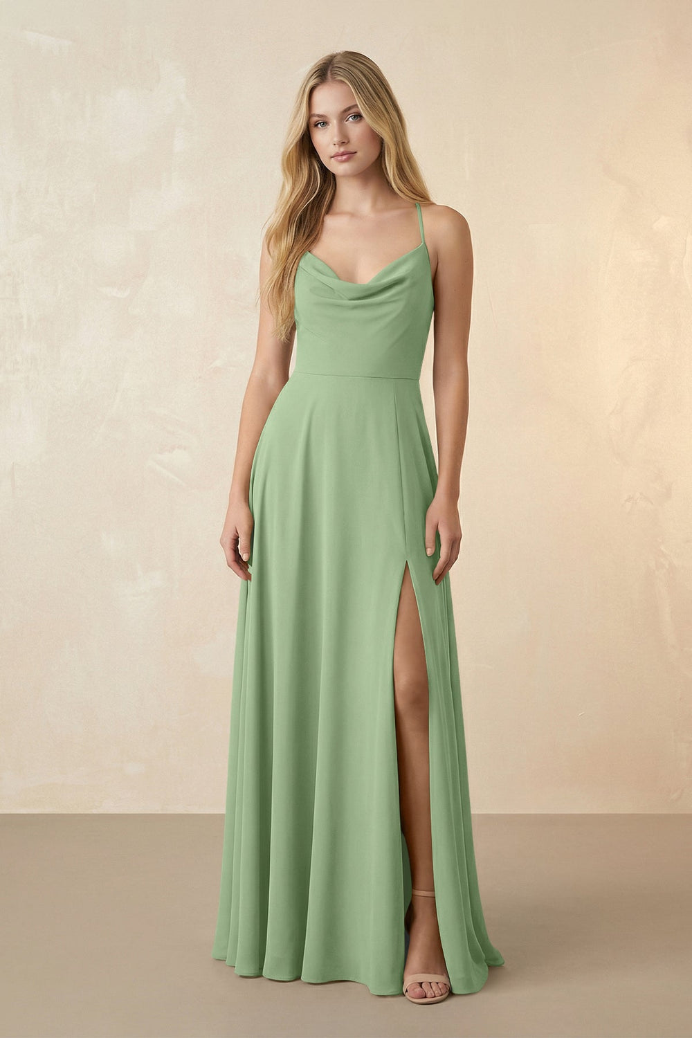 Spaghetti Straps Chiffon A-Line Bridesmaid Dress in Matcha