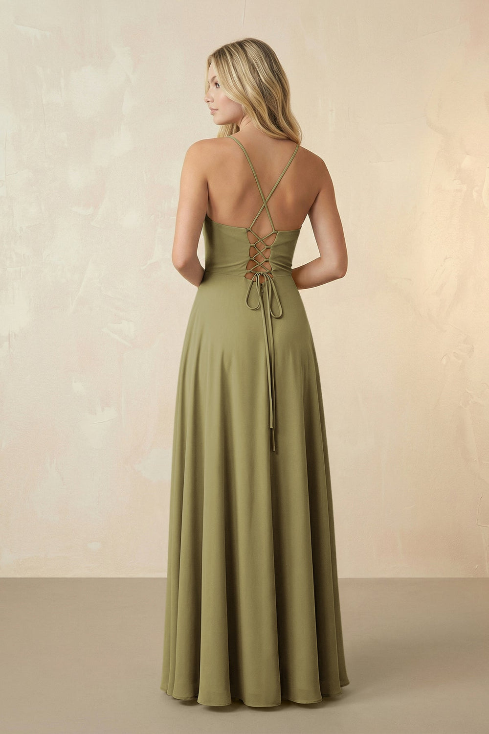 Spaghetti Straps Chiffon A-Line Bridesmaid Dress in Moss Green