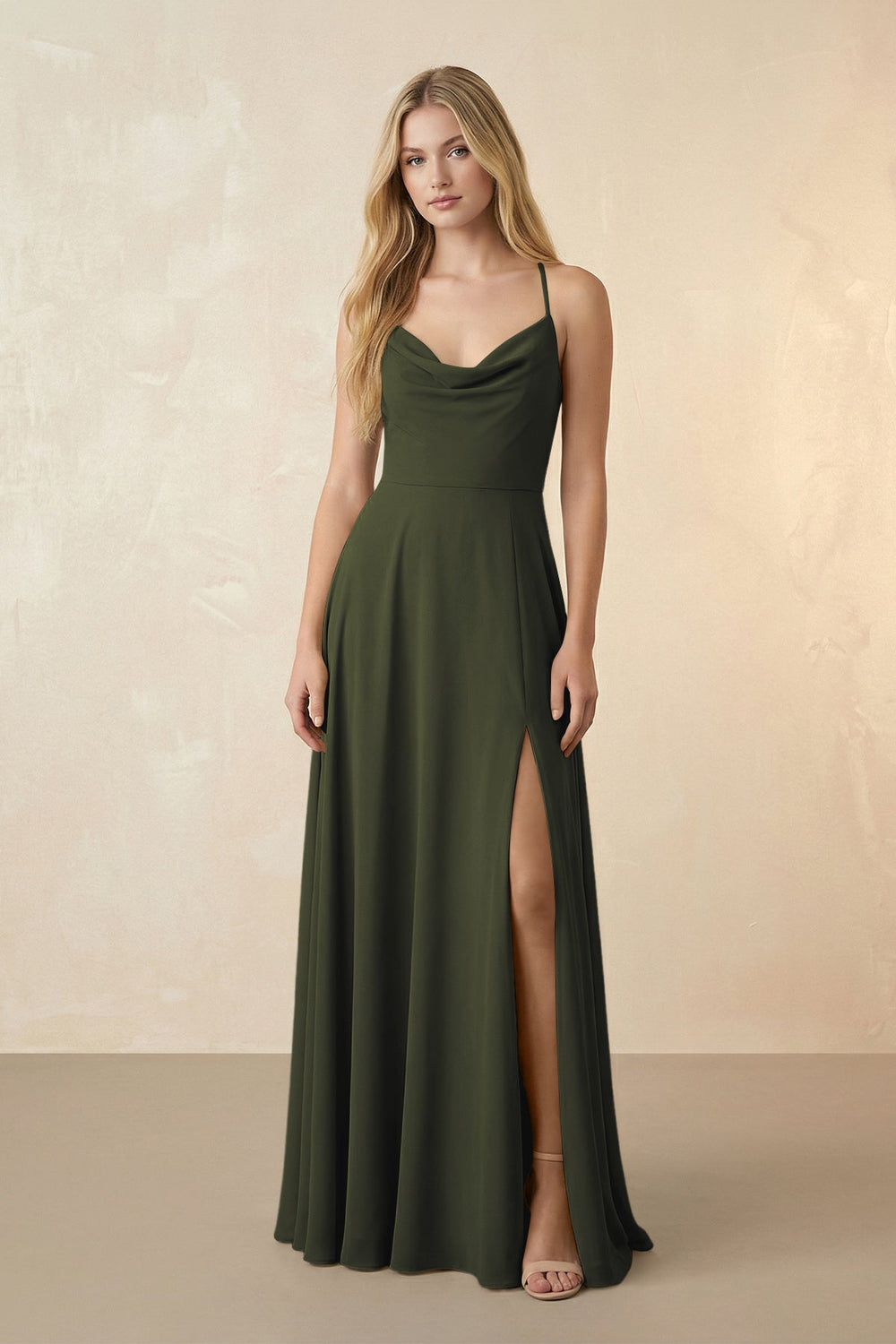 Spaghetti Straps Chiffon A-Line Bridesmaid Dress in Olive