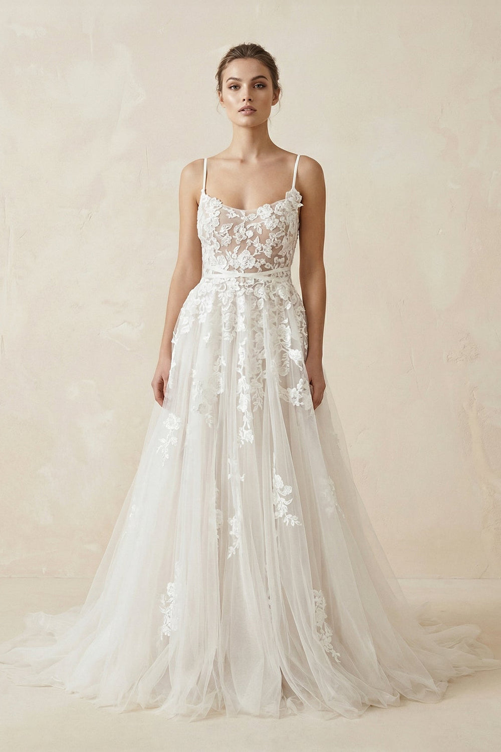 A Line Tulle Spaghetti Straps Wedding Dress