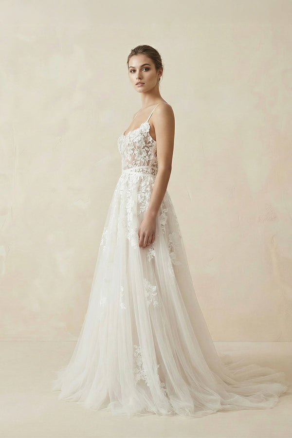 Spaghetti Straps Lace A Line Wedding Dress in Ivory - KISS BRIDAL Wedding Dresses