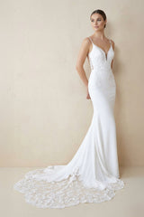 Spaghetti Straps Mermaid Lace Backless Wedding Dress in White - KISS BRIDAL Wedding Dresses