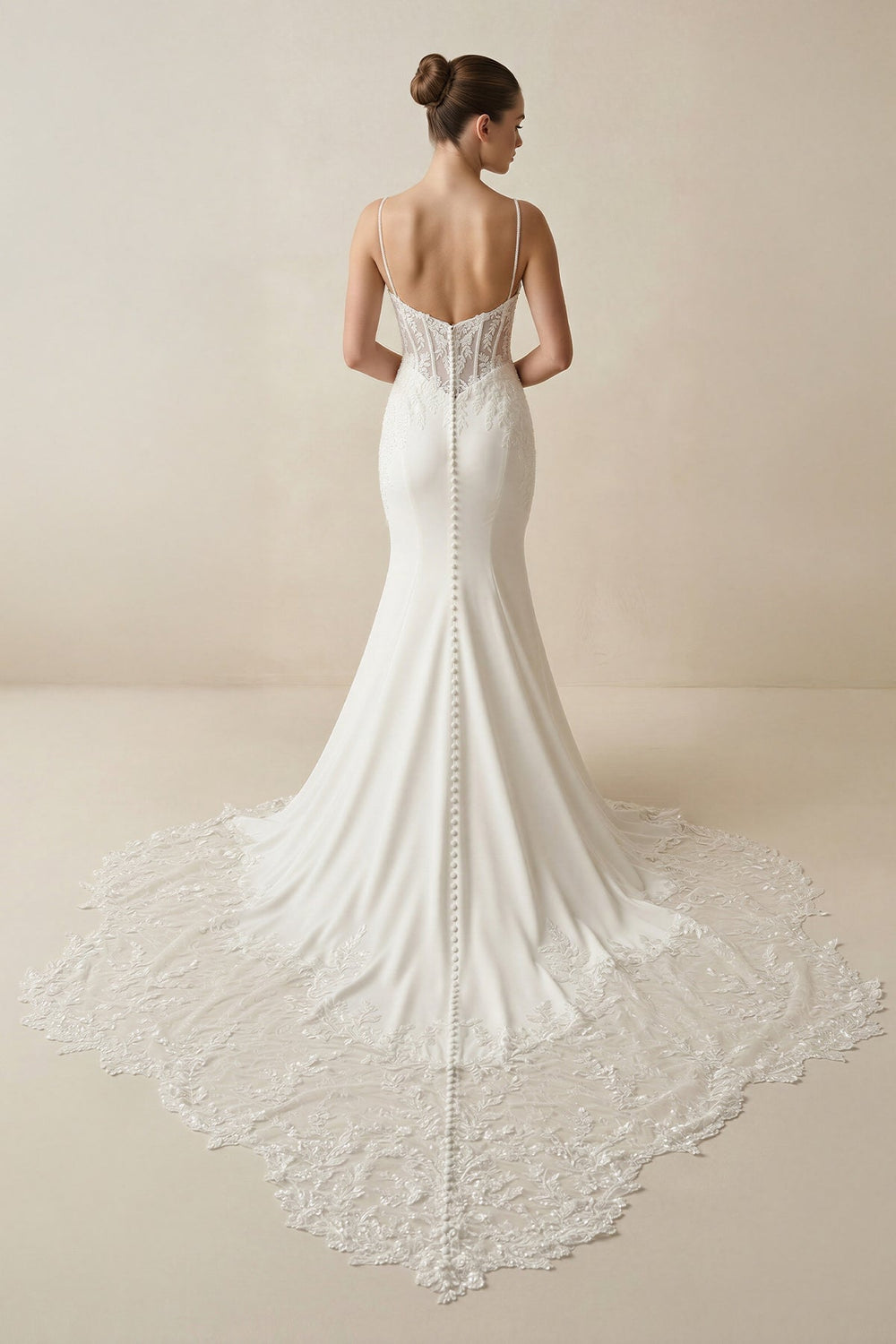 Spaghetti Straps Mermaid Satin Appliqued Wedding Dress in White