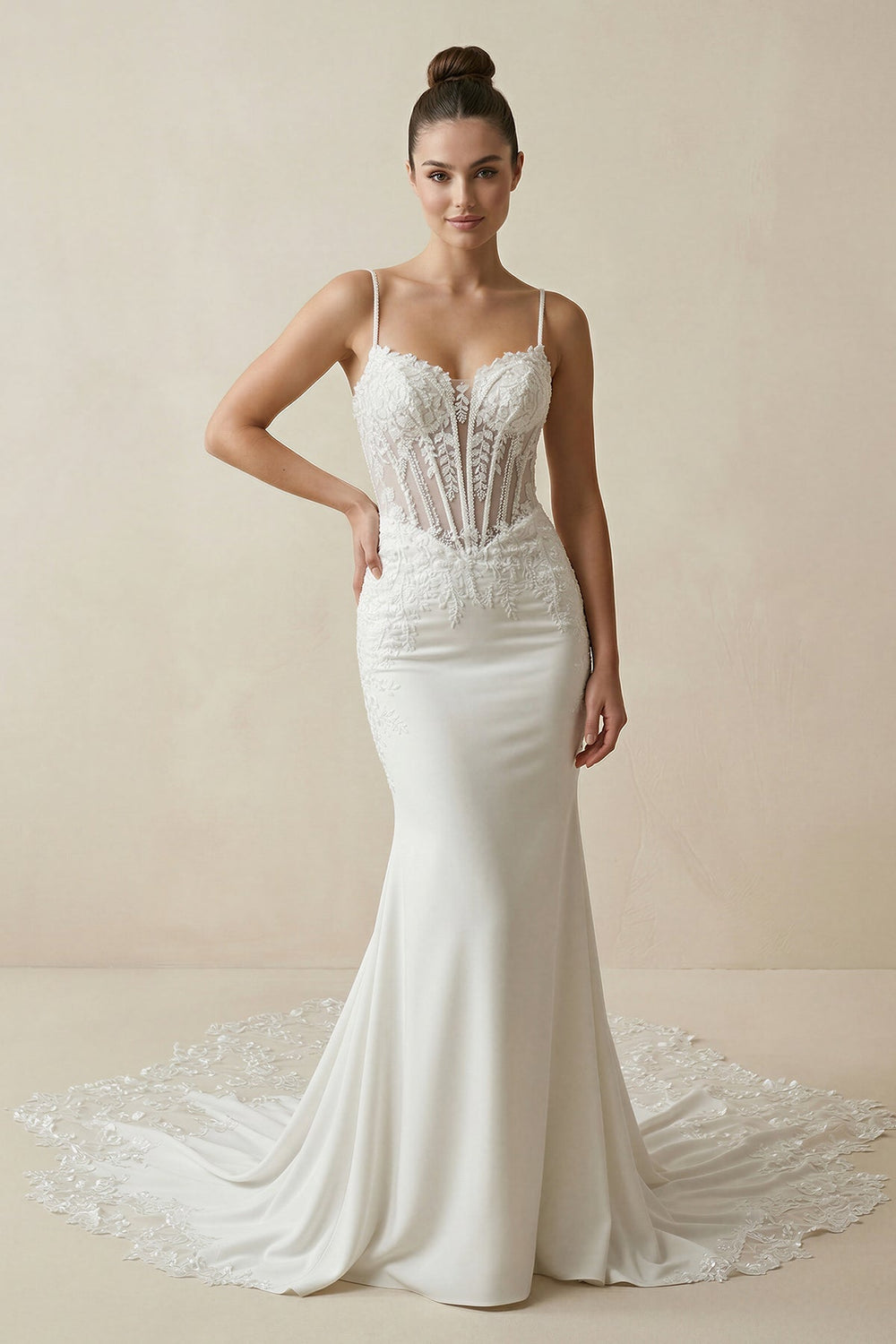 Spaghetti Straps Mermaid Satin Appliqued Wedding Dress in White