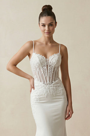 Spaghetti Straps Mermaid Satin Appliqued Wedding Dress in White - KISS BRIDAL Wedding Dresses