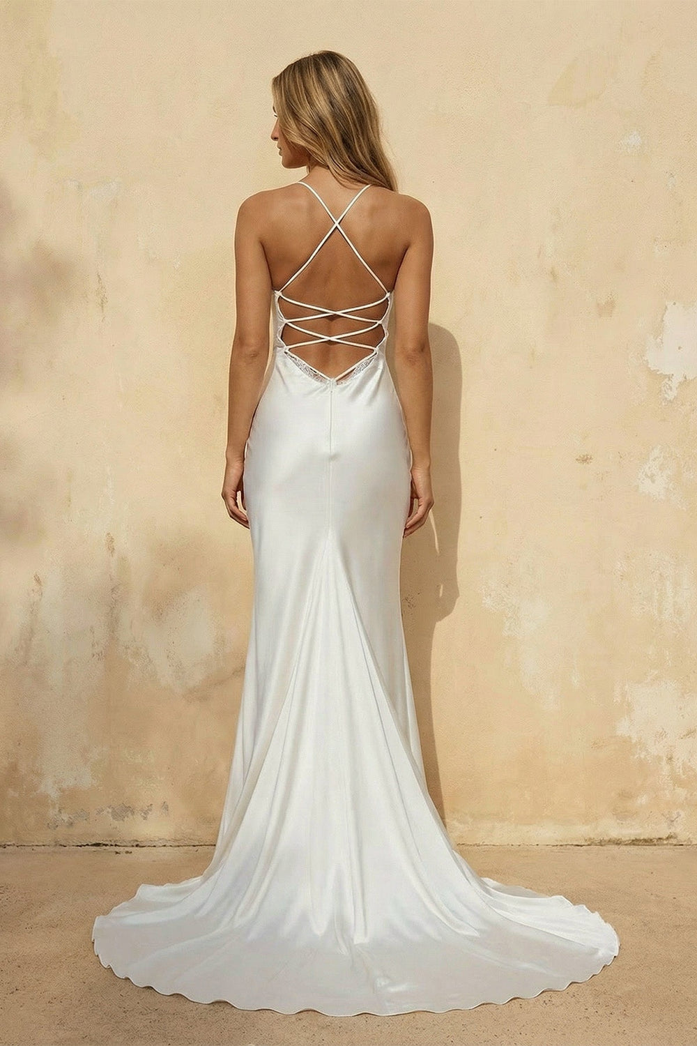 Spaghetti Straps Mermaid Satin Wedding Dress in White