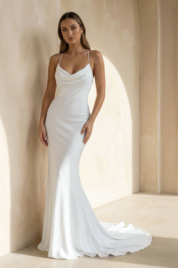 Spaghetti Straps Mermaid Satin Wedding Dress in White - KISS BRIDAL Wedding Dresses