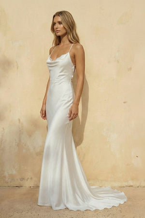 Spaghetti Straps Mermaid Satin Wedding Dress in White - KISS BRIDAL Wedding Dresses