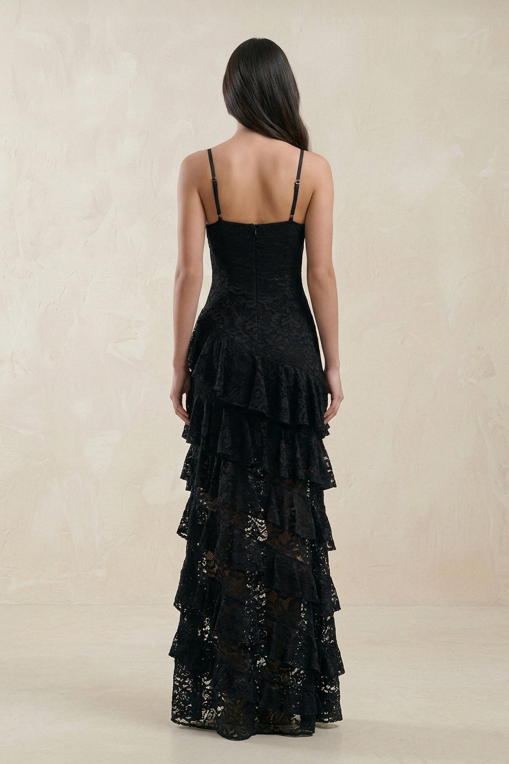 Spaghetti Straps Ruffled Sheath Lace Wedding Dress in Black