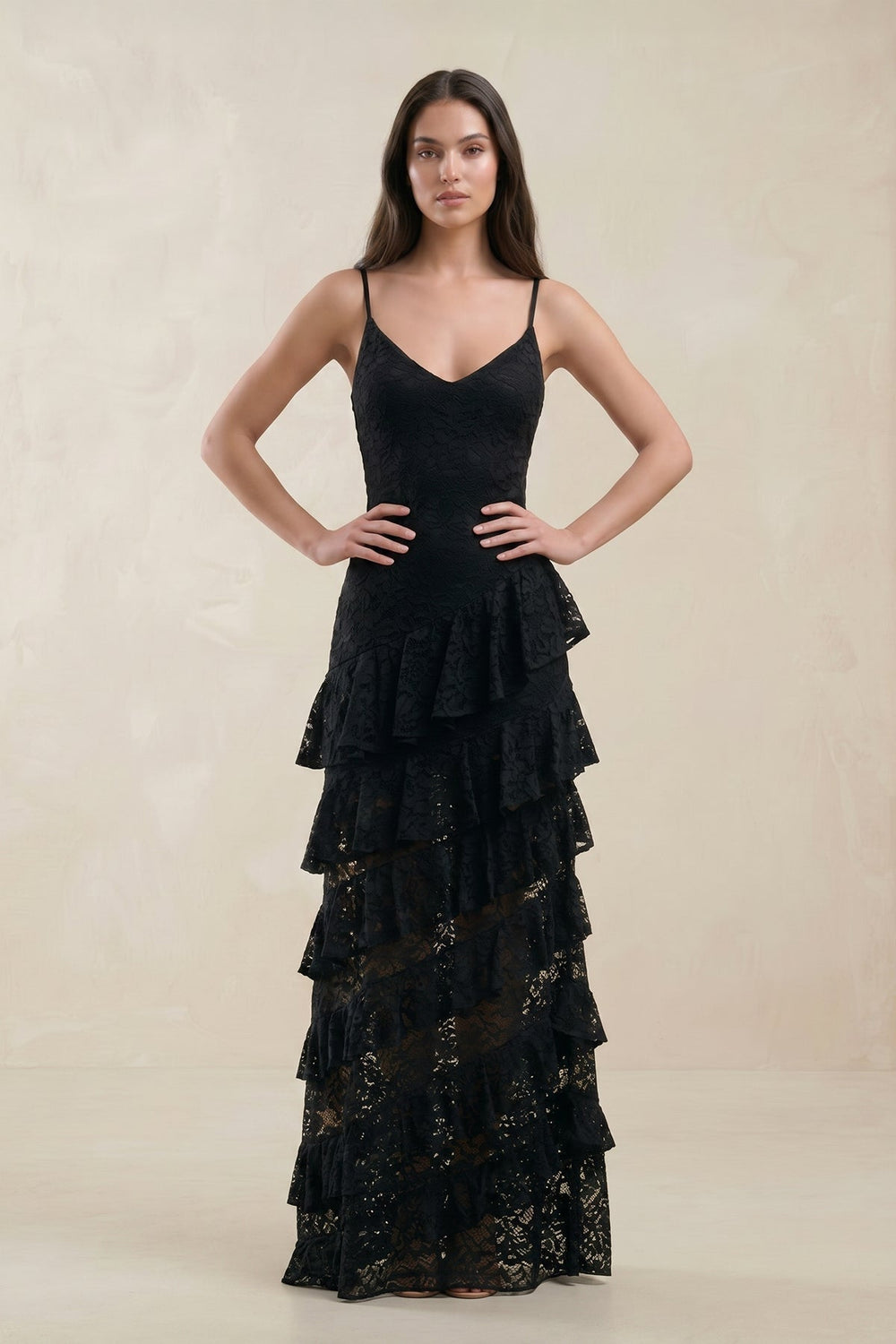 Spaghetti Straps Ruffled Sheath Lace Wedding Dress in Black