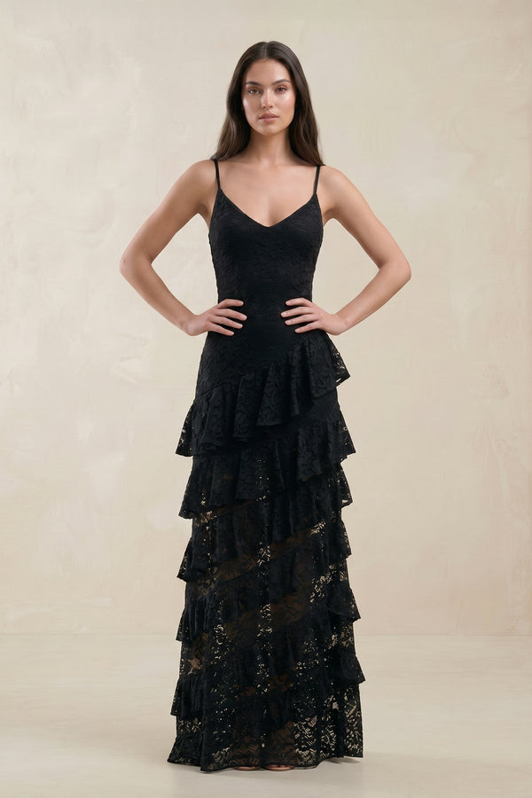 Spaghetti Straps Ruffled Sheath Lace Wedding Dress in Black - KISS BRIDAL Wedding Dresses