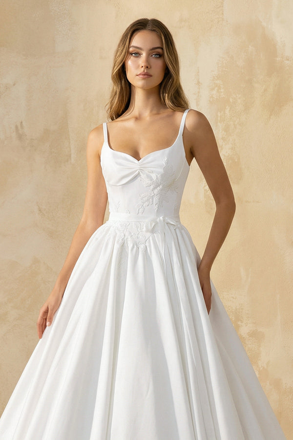 Spaghetti Straps Satin Ball Gown With Appliques in White - KISS BRIDAL Wedding Dresses