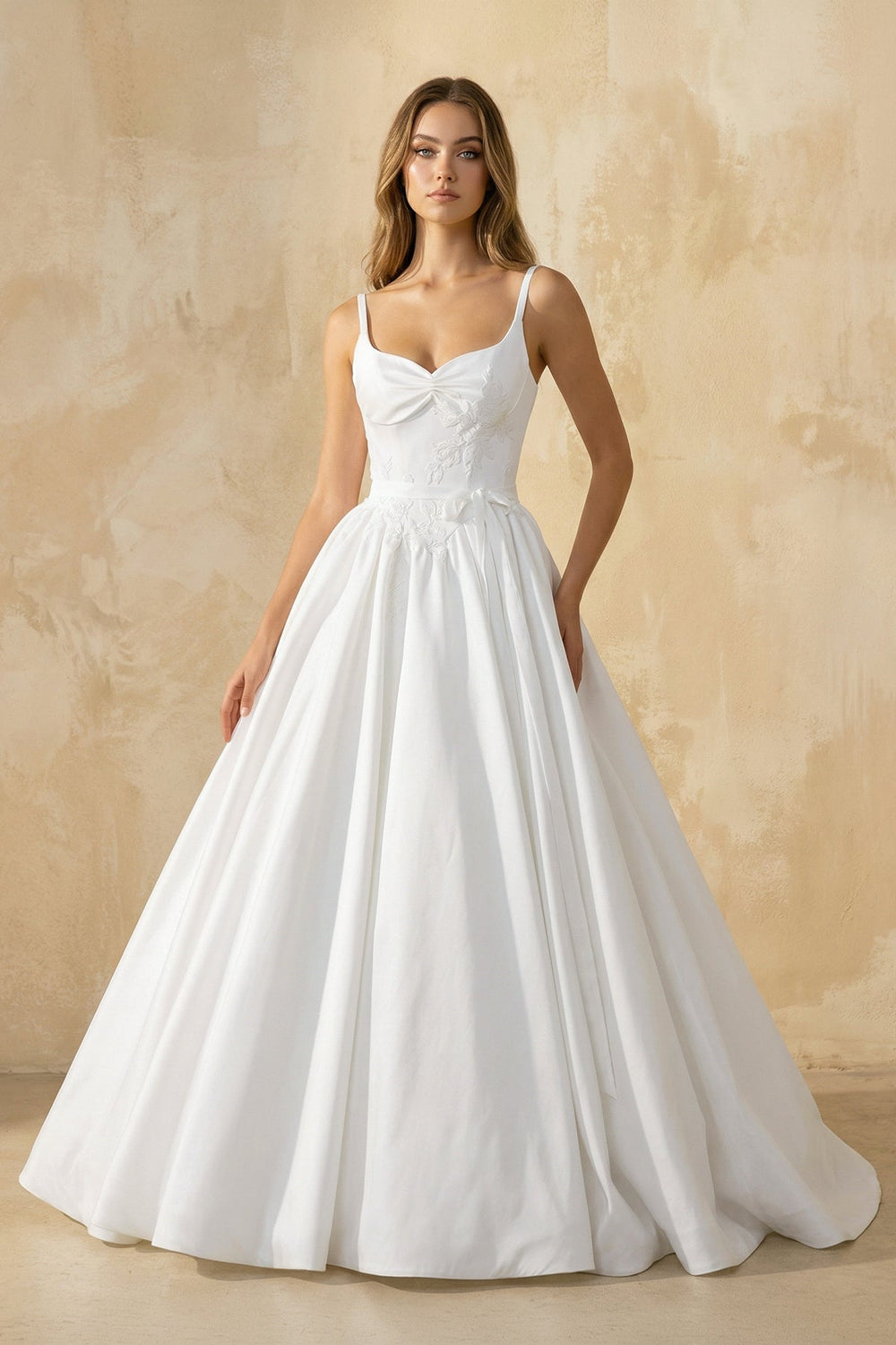 Spaghetti Straps Satin Ball Gown With Appliques in White
