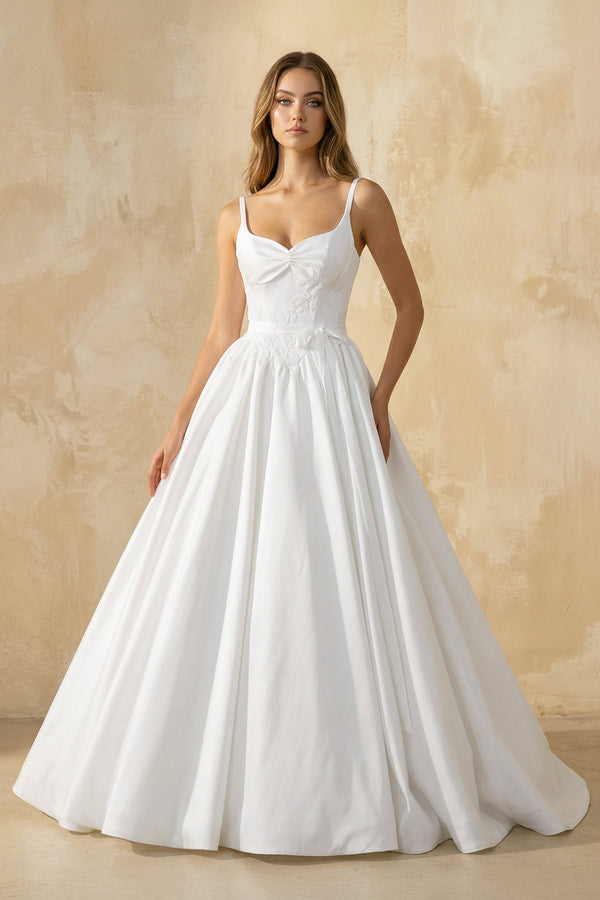 Spaghetti Straps Satin Ball Gown With Appliques in White - KISS BRIDAL Wedding Dresses