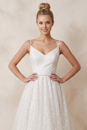 Spaghetti Straps Sequined A - Line Ruched Wedding Dress in White - KISS BRIDAL Wedding Dresses