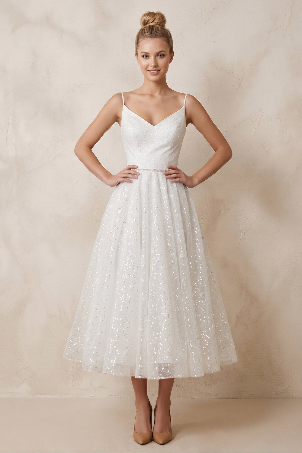 Spaghetti Straps Sequined A-Line Ruched Wedding Dress in White
