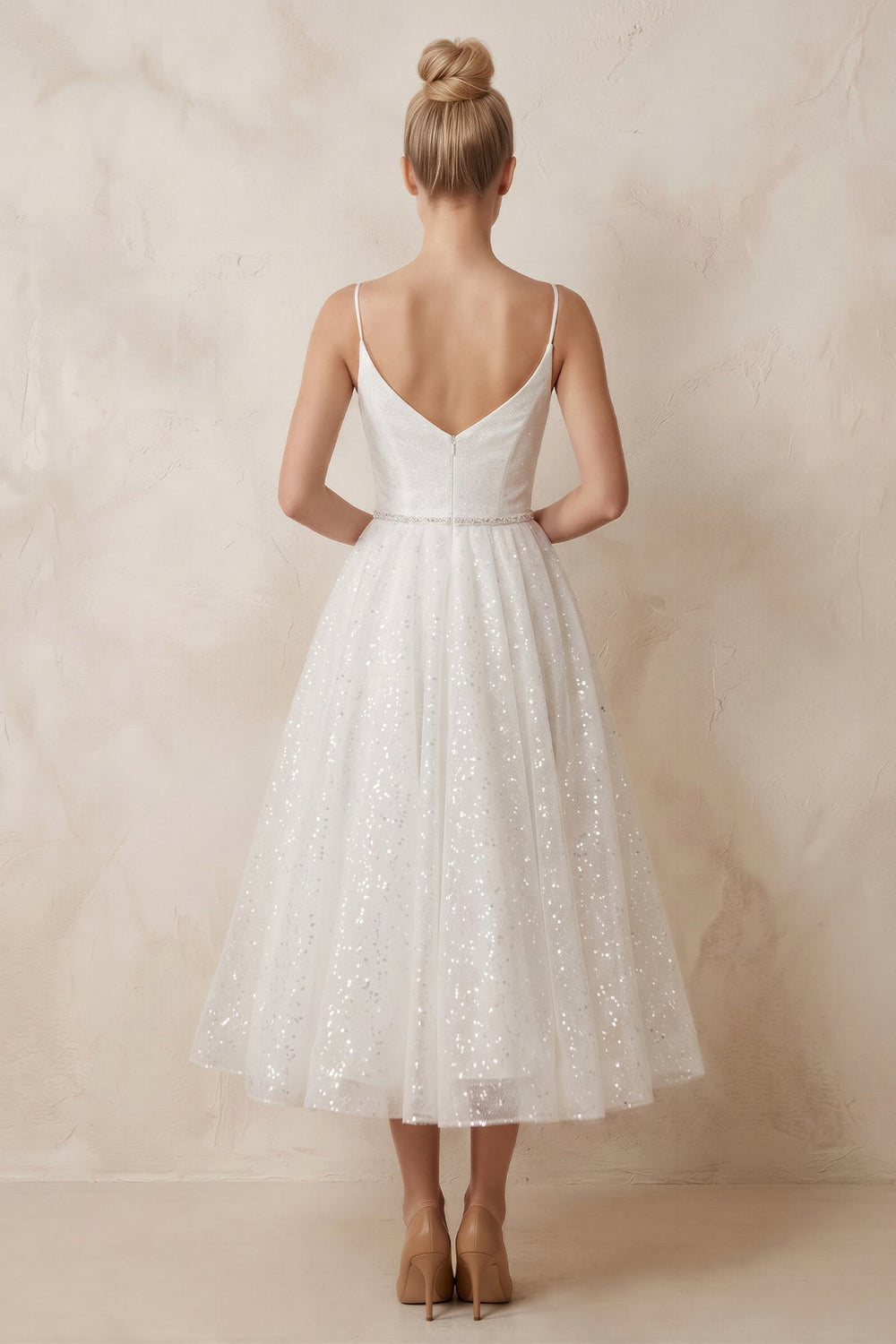 Spaghetti Straps Sequined A-Line Ruched Wedding Dress in White
