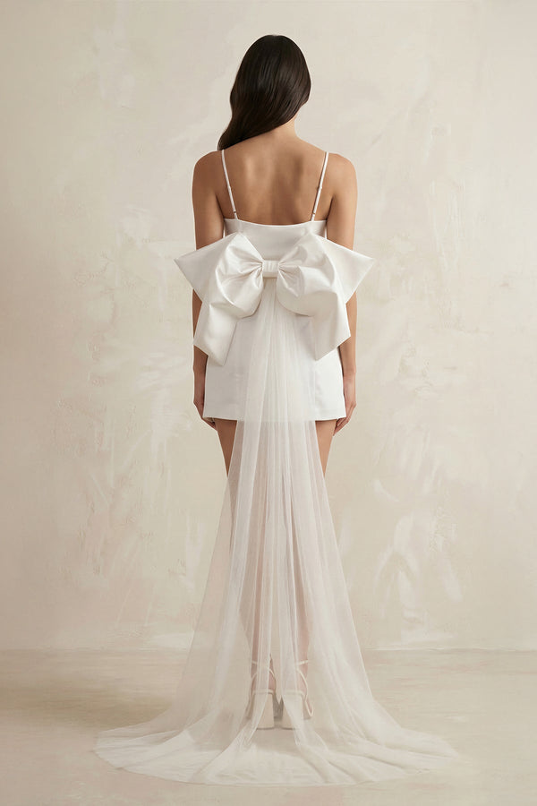 Spaghetti Straps Sheath Bow Wedding Dress With Tulle Train in White - KISS BRIDAL Wedding Dresses