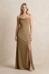 Spaghetti Straps Sheath Satin Bridesmaid Dress With Slit in Apple Cinnamon - KISS BRIDAL Bridesmaid Dresses