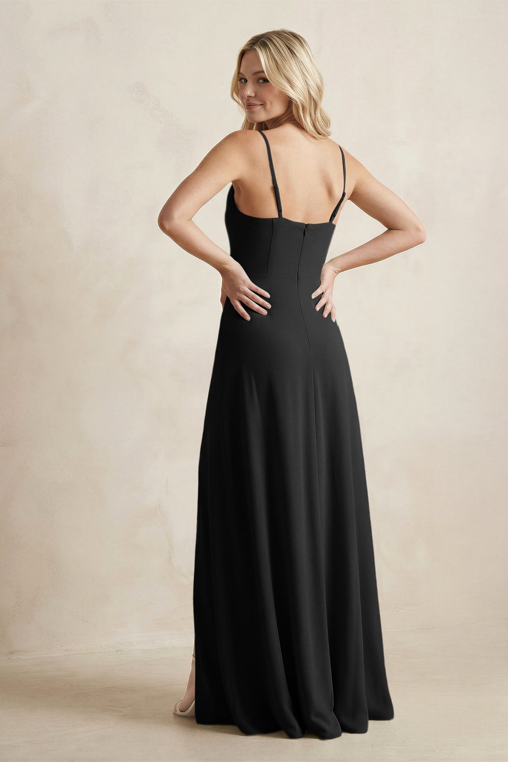 Spaghetti Straps Sheath Satin Bridesmaid Dress With Slit in Black