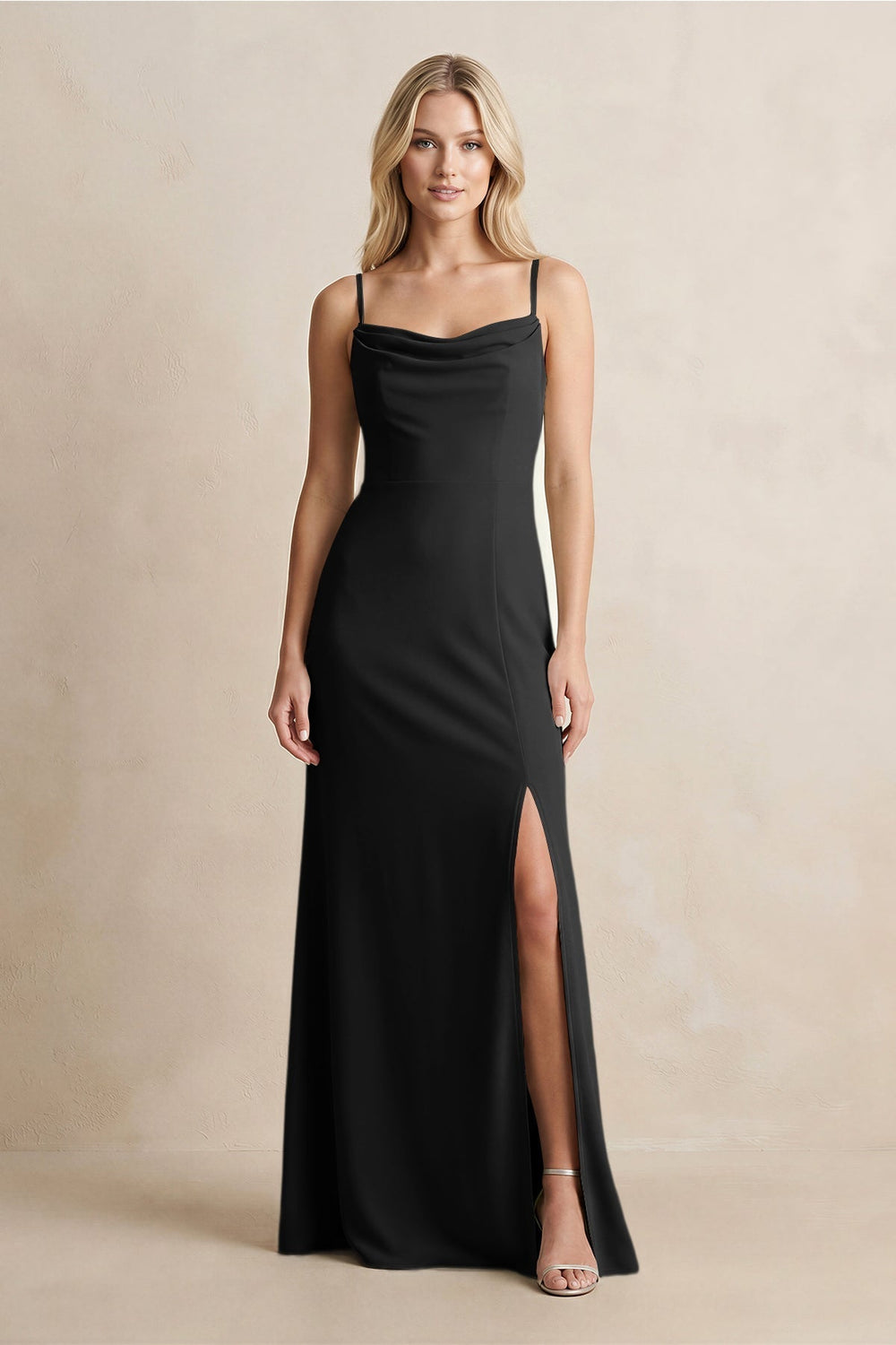 Spaghetti Straps Sheath Satin Bridesmaid Dress With Slit in Black