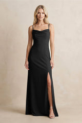 Spaghetti Straps Sheath Satin Bridesmaid Dress With Slit in Black - KISS BRIDAL Bridesmaid Dresses