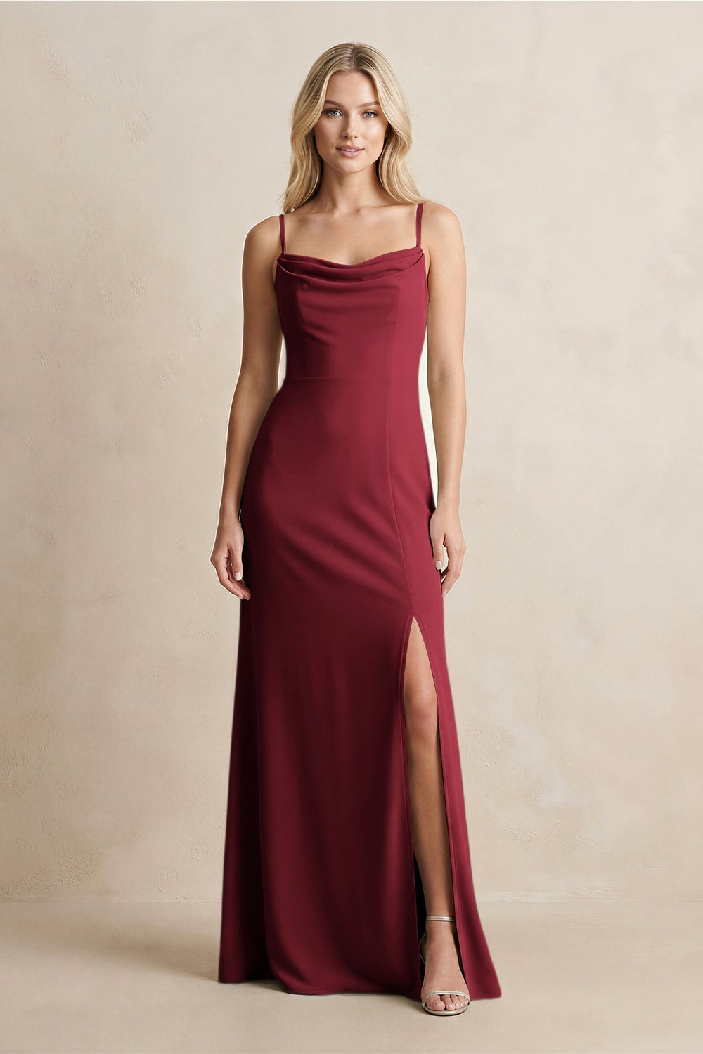 Spaghetti Straps Sheath Satin Bridesmaid Dress With Slit in Burgundy