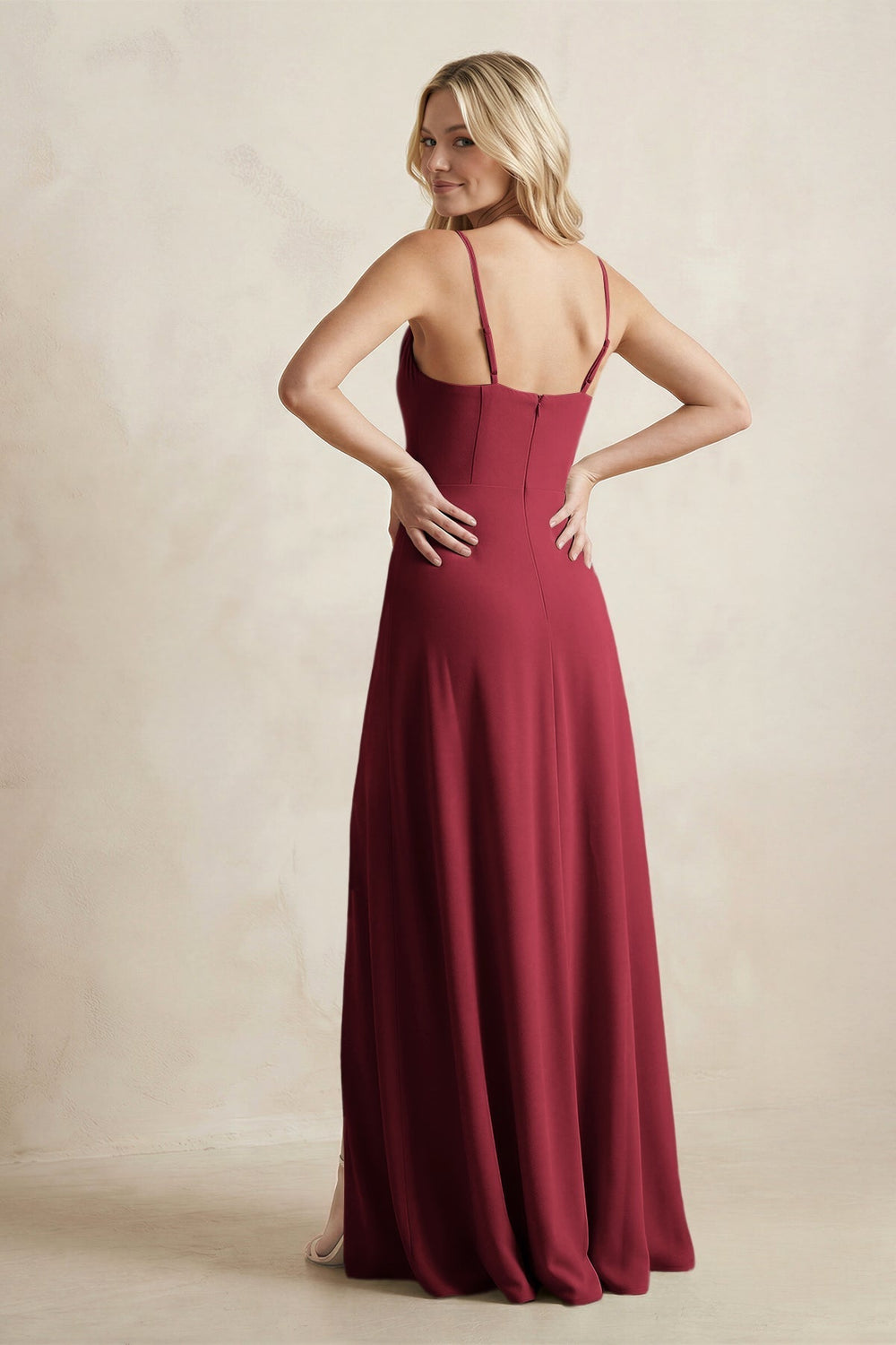 Spaghetti Straps Sheath Satin Bridesmaid Dress With Slit in Burgundy