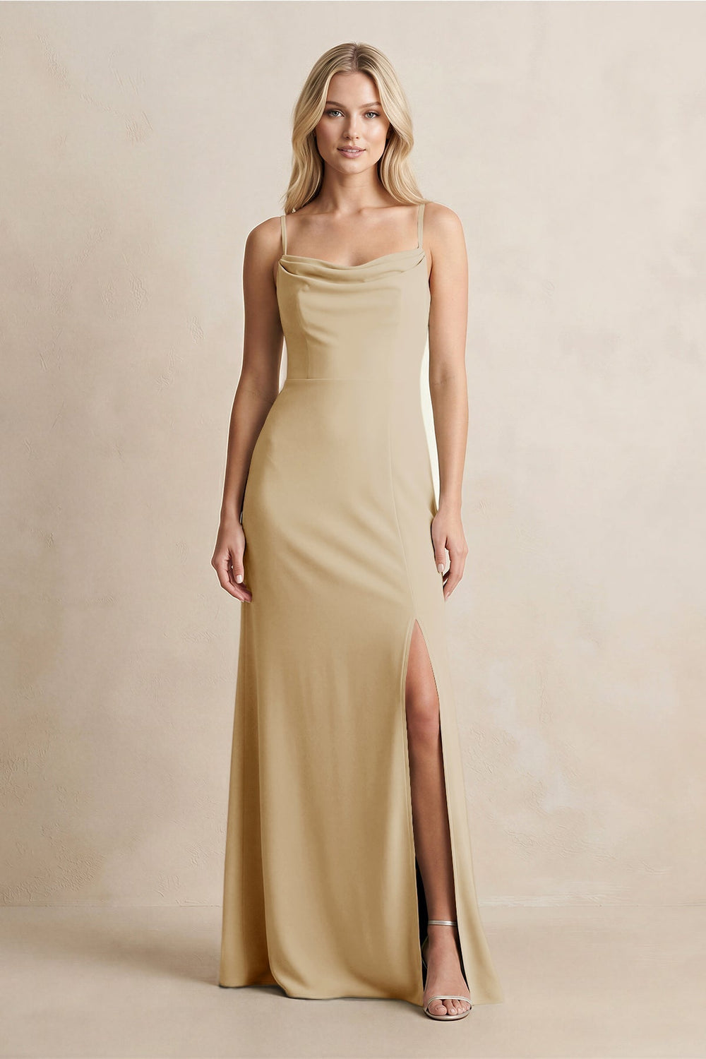 Spaghetti Straps Sheath Satin Bridesmaid Dress With Slit in Champagne