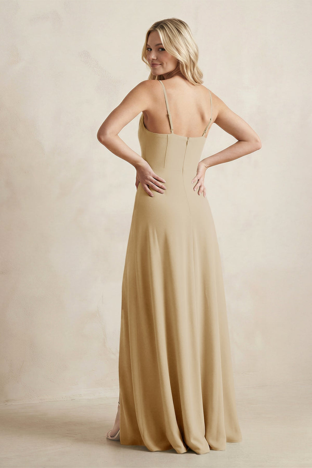 Spaghetti Straps Sheath Satin Bridesmaid Dress With Slit in Champagne