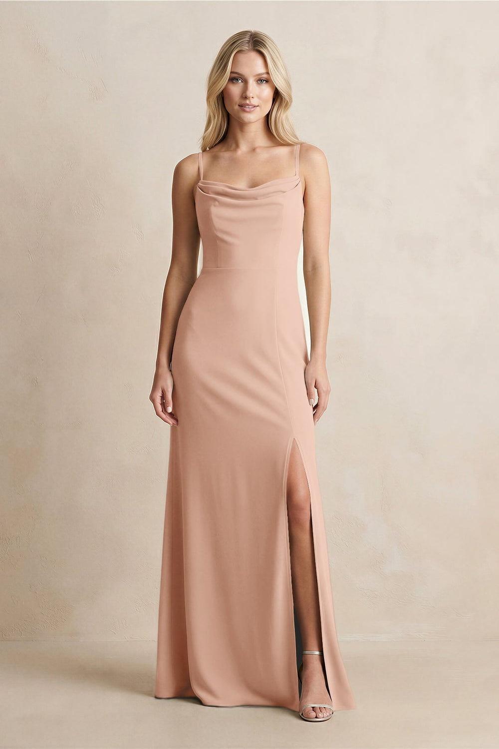 Spaghetti Straps Sheath Satin Bridesmaid Dress With Slit in Champagne Rose