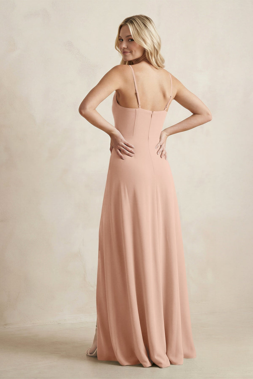 Spaghetti Straps Sheath Satin Bridesmaid Dress With Slit in Champagne Rose