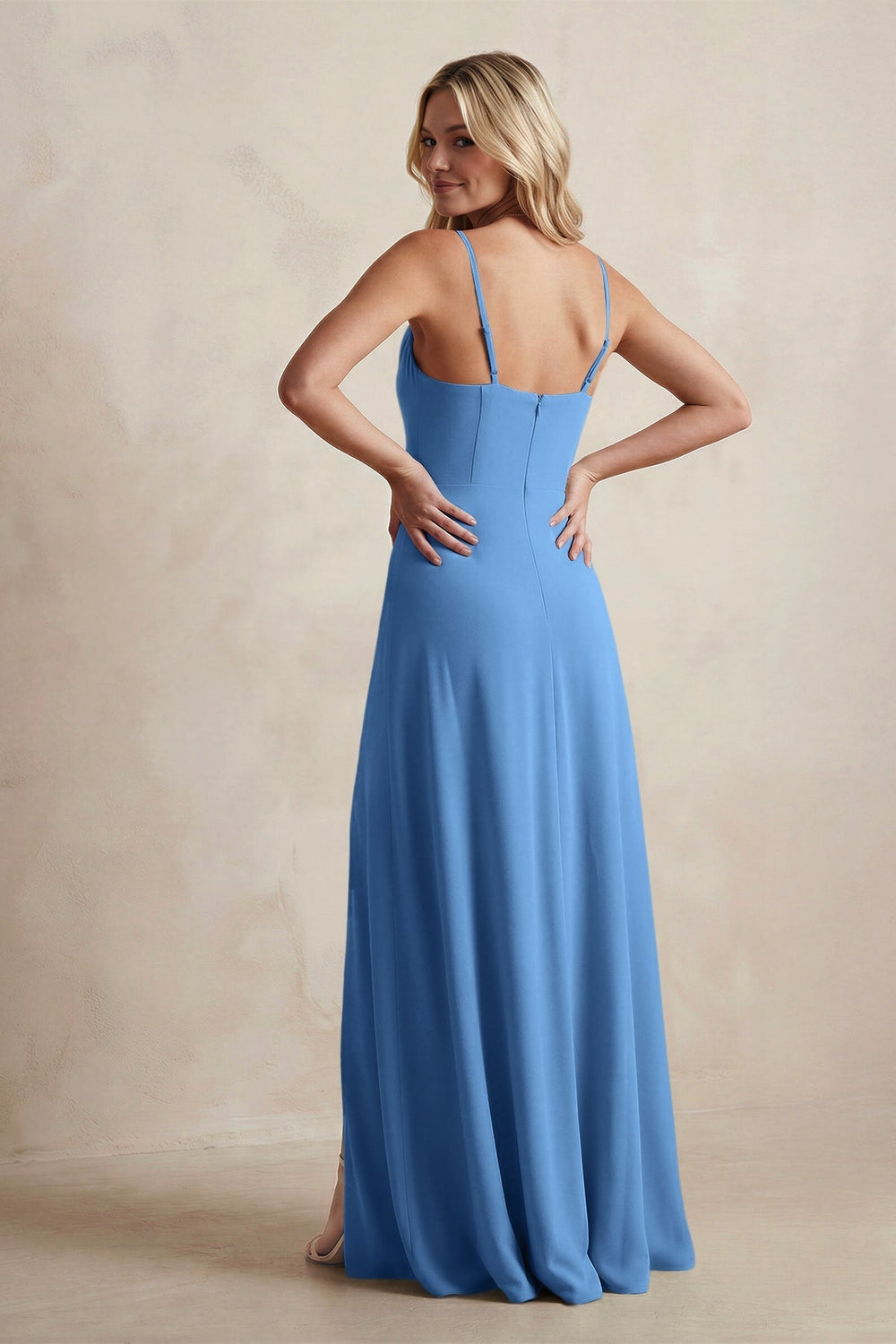 Spaghetti Straps Sheath Satin Bridesmaid Dress With Slit in Dusty Blue
