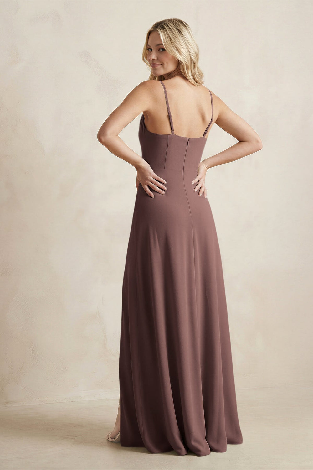 Spaghetti Straps Sheath Satin Bridesmaid Dress With Slit in Espresso
