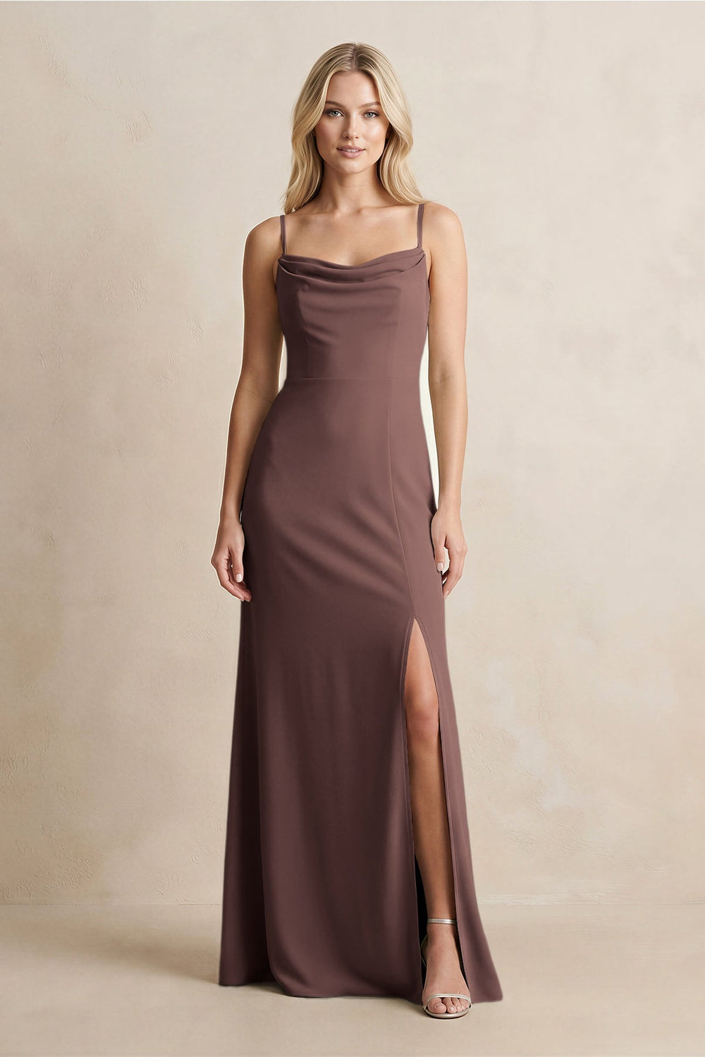 Spaghetti Straps Sheath Satin Bridesmaid Dress With Slit in Espresso