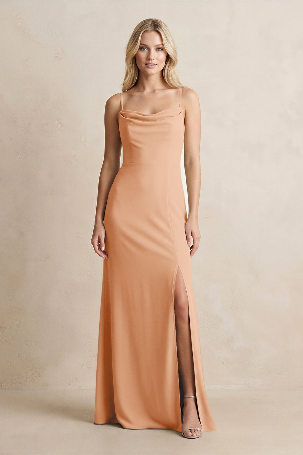 Spaghetti Straps Sheath Satin Bridesmaid Dress With Slit in Golden Champagne