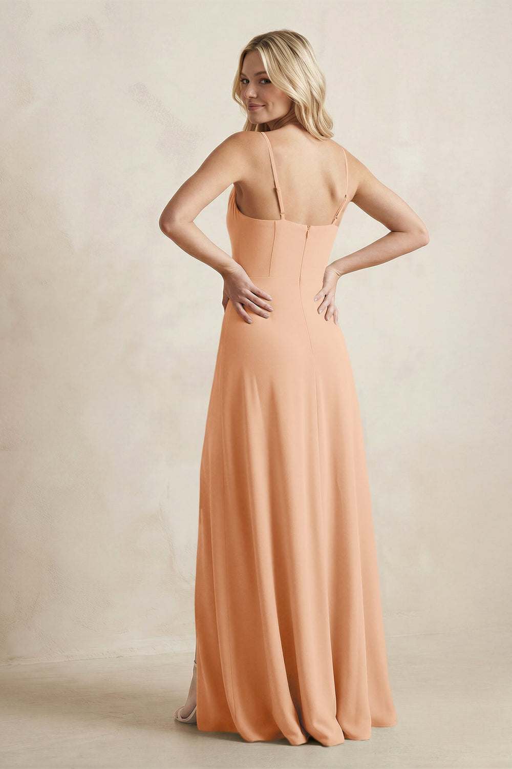 Spaghetti Straps Sheath Satin Bridesmaid Dress With Slit in Golden Champagne