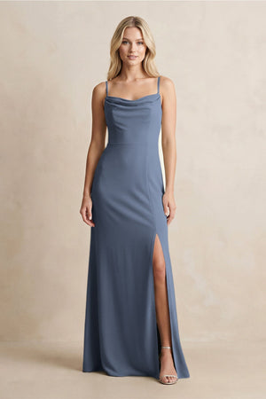 Spaghetti Straps Sheath Satin Bridesmaid Dress With Slit in Neptune - KISS BRIDAL Bridesmaid Dresses