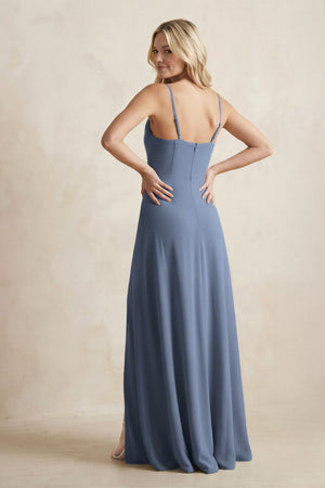 Spaghetti Straps Sheath Satin Bridesmaid Dress With Slit in Neptune - KISS BRIDAL Bridesmaid Dresses