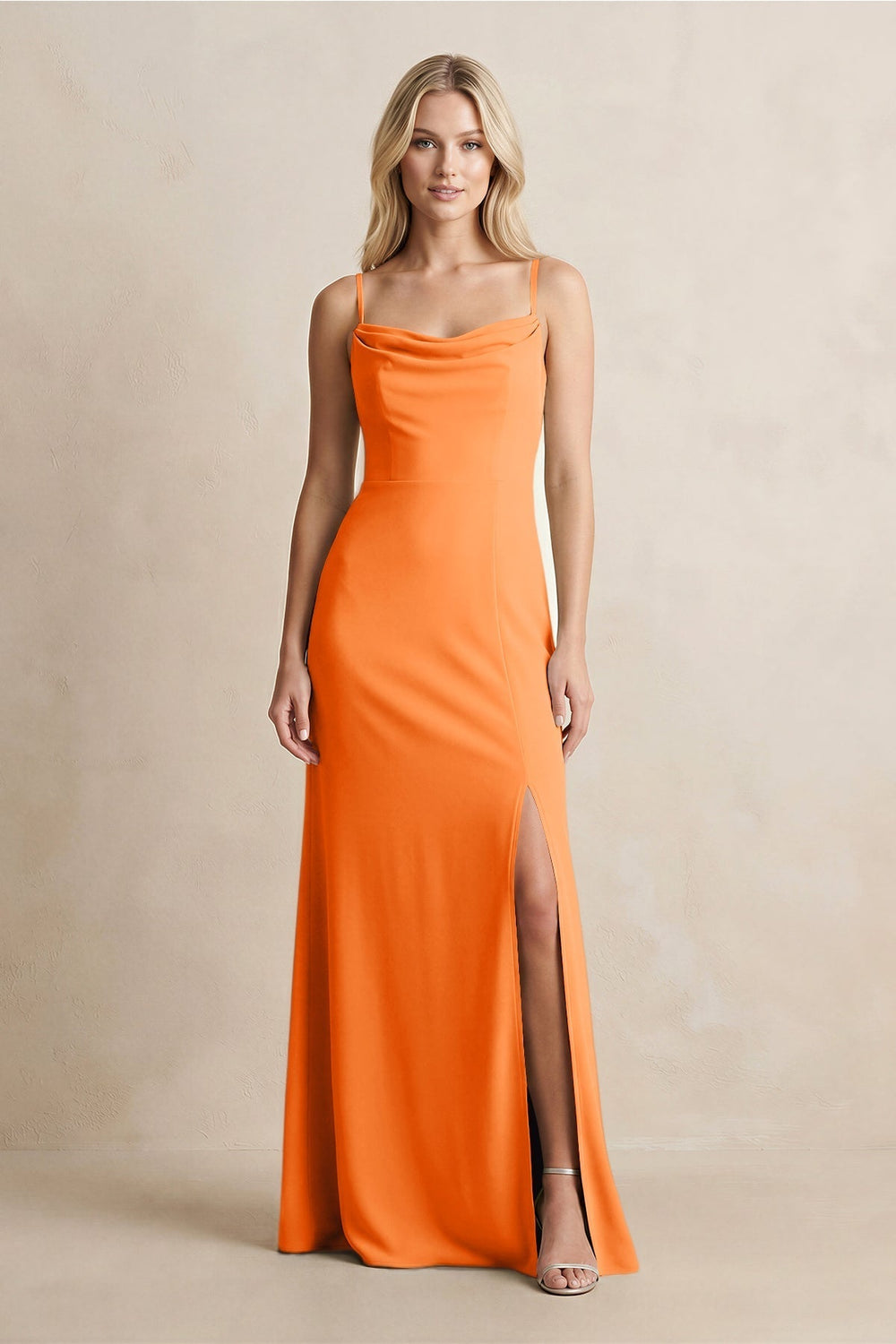Spaghetti Straps Sheath Satin Bridesmaid Dress With Slit in Orange