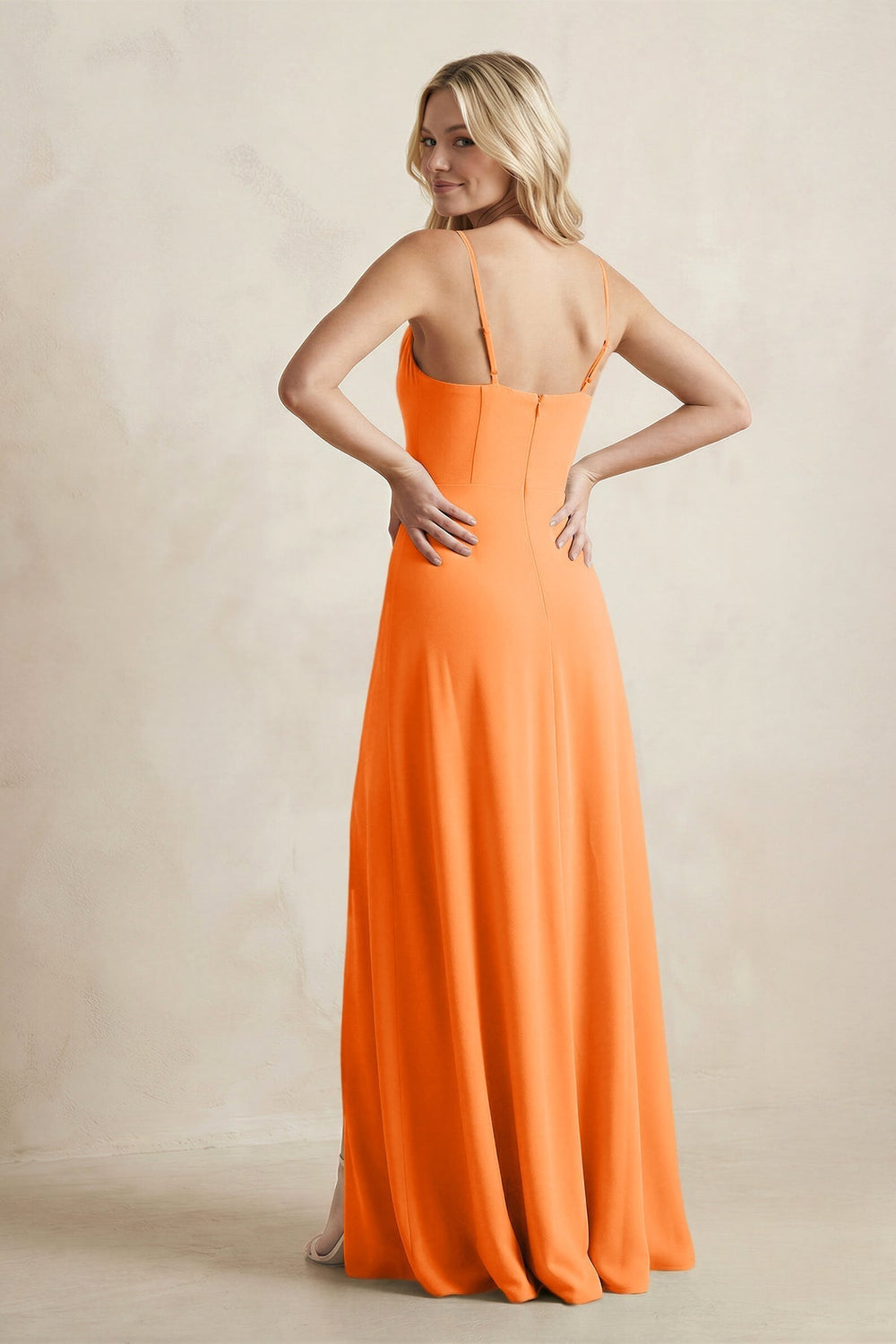 Spaghetti Straps Sheath Satin Bridesmaid Dress With Slit in Orange