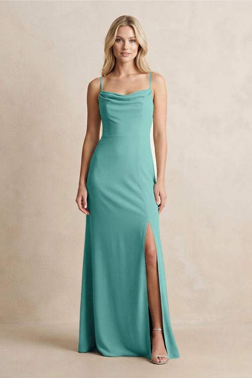 Spaghetti Straps Sheath Satin Bridesmaid Dress With Slit in Pale Pistachio - KISS BRIDAL Bridesmaid Dresses