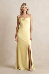 Spaghetti Straps Sheath Satin Bridesmaid Dress With Slit in Pastel Yellow - KISS BRIDAL Bridesmaid Dresses
